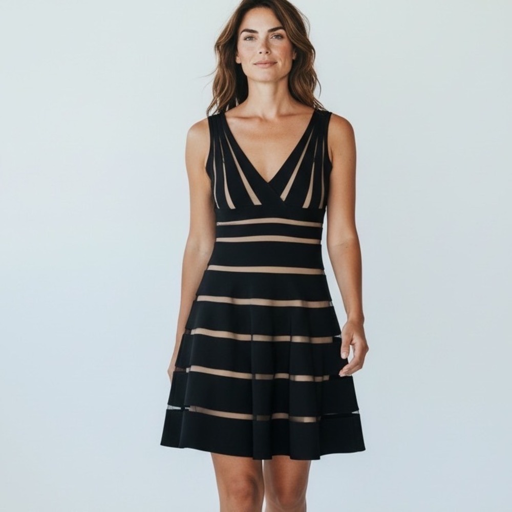 JS Collections Black Illusion Mesh Bandage Fit and Flare Dress 862069 Size‎ 6